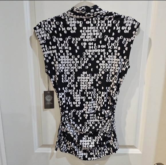 Vince Camuto ✦ Black White Geometric Blouse ✦ Cinched Sides V-Neck Sleeveless S - Picture 8 of 16